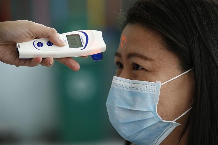 Testhőmérséklet ellenőrzés a koronavírus terjedése elleni óvintézkedésként (Fotó: MTI/EPA/Rolex Dela Pena)