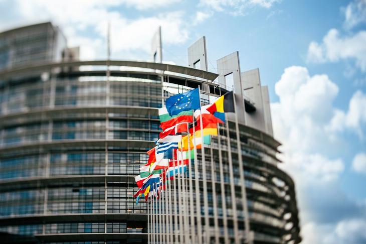 Zászlók lebegnek az Európai Parlament előtt. Fotó: Depositphotos 