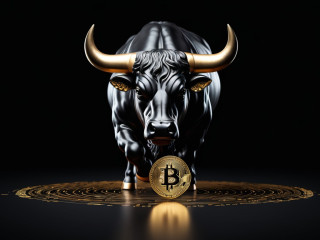 Bitcoin és bika. A bika a tartós áremelkedés jelképe. Illusztráció.
