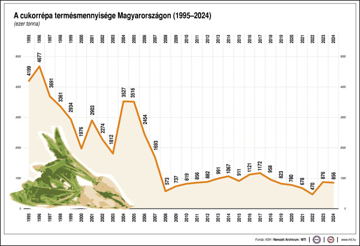 A cukorrépa termésmennyisége Magyarországon, 1995-2024