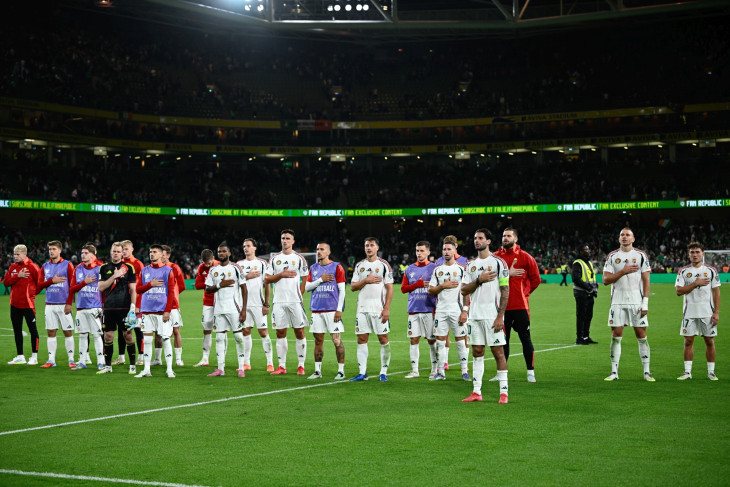 A magyar csapat tagjai az Írország-Magyarország labdarúgó világbajnoki selejtező mérkőzés után a dublini Aviva Stadionban 2025. szeptember 6-án. A találkozó 2-2-es döntetlennel zárult, Orbán Viktor a helyszínen tekintette meg a meccset.