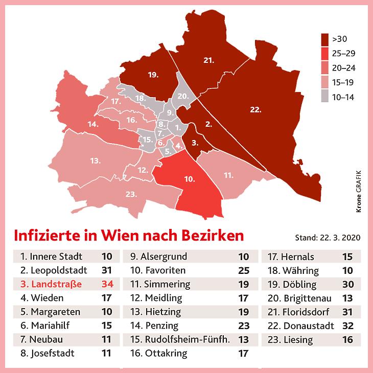 Bécsben kerületekre bontva látható a fertőzöttség a lakosság számára. Fotó: Kronen Zeitung