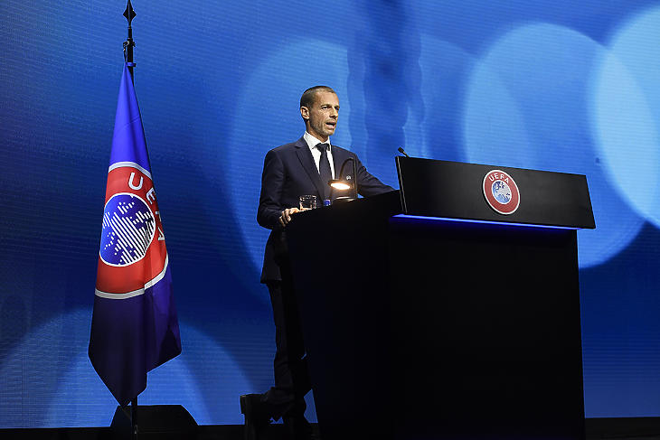 Aleksander Ceferin, az UEFA elnöke beszél a szervezet áprilisi kongresszusán - Fotó: MTI