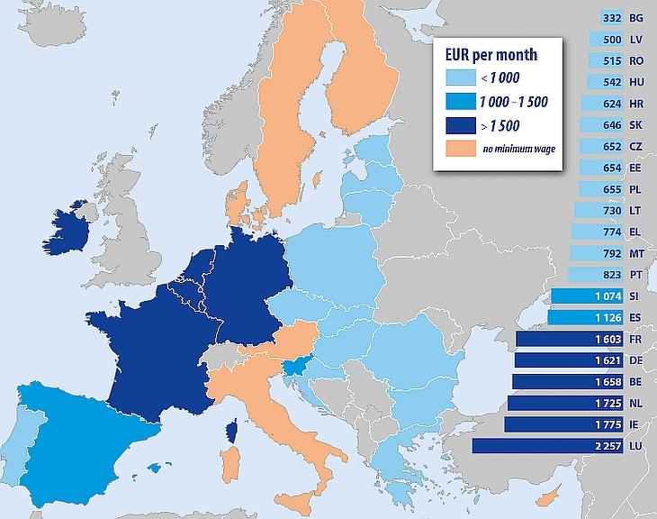 Minimálbérek alakulása az egyes tagországokban - a narancssárgával jelölt országokban nincs minimálbér. (Forrás: Eurostat)