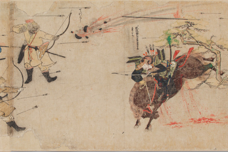 Mongol erők vetnek be gránátot japán katonák ellen egy 13. századi ábrázoláson
