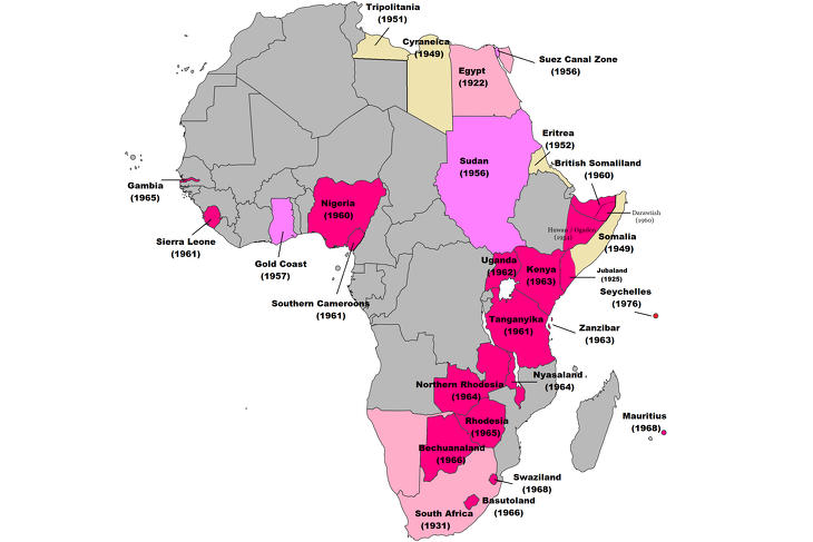 Az afrikai brit gyarmatbirodalom felbomlása. Mint láthatjuk, a legtöbb ország már Erzsébet uralkodása alatt nyerte el függetlenségét, sokszor véres árat fizetve érte. Illusztráció: Wikimedia