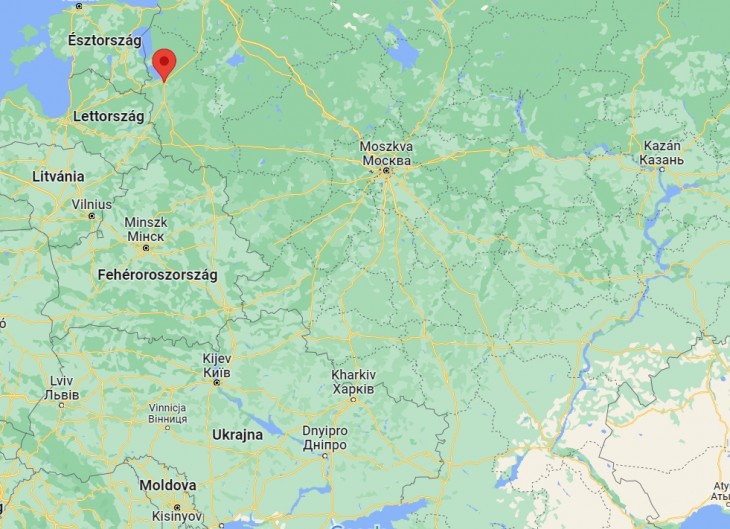 Pszkov pirossal jelölve a Google térképén - messze-messze az ukrán határtól csaptak le a drónok.