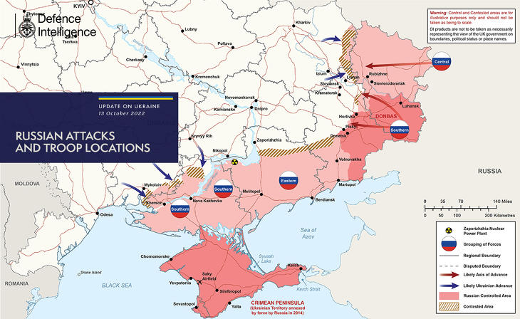 A brit katonai hírszerzés legfrissebb térképe az ukrajnai helyzetről 2022. október 13án. Forrás: twitter.com/defencehq