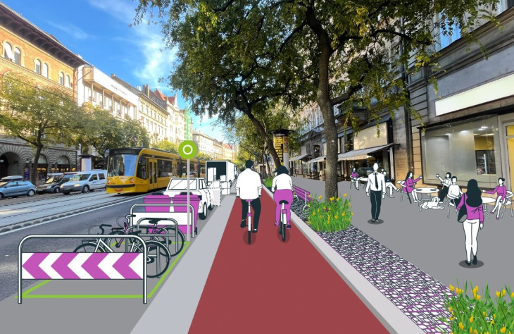 A tervek szerint ilyen lesz a kerékpársáv és a kerékpárparkoló a Nagykörúton, de a műszaki kialakítás még változhat