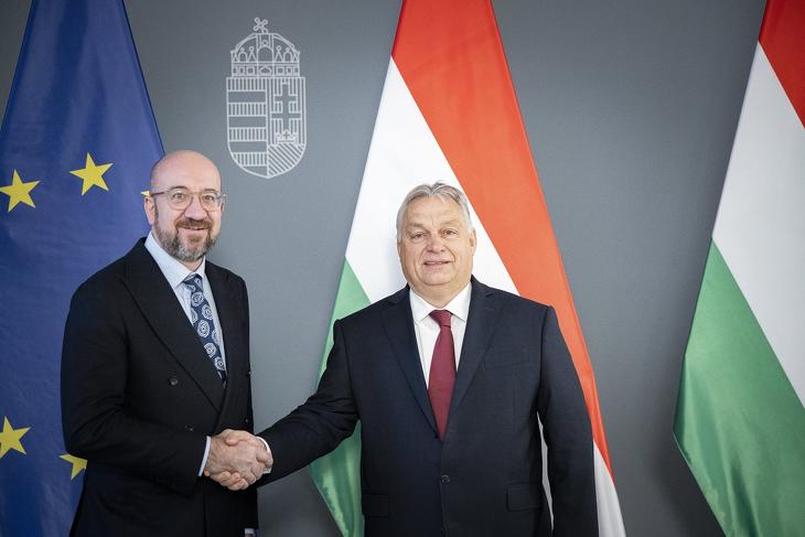 Charles Michel, az Európai Tanács elnöke és Orbán Viktor miniszterelnök. Fotó: MTI / Miniszterelnöki Sajtóiroda / Fischer Zoltán