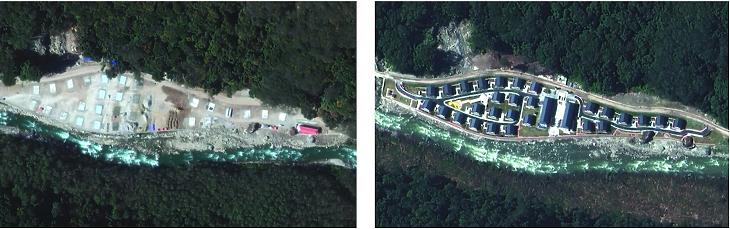 Műholdas felvételeken az épülő Pangda falu: balra a 2019 decemberi, jobbra a 2020 októberi állapot. (Fotók: Maxar Technologies)