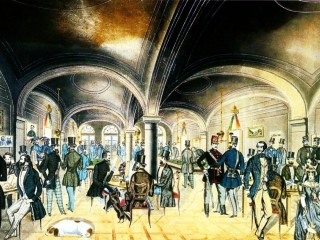 Az 1848-as forradalmi események egyik színhelye, a pesti Pilvax kávéház. Preiszler József színezett tollrajza. Forrás: Wikimedia Commons