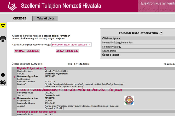 A védjegybejelentés státusza a Szellemi Tulajdon Nemzeti Hivatalának oldaláról