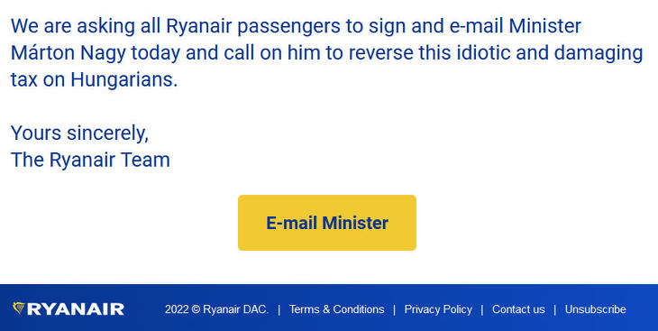 Egy gombnyomással üzenhetünk Nagy Mártonnak. Forrás: Ryanair, mfor.hu
