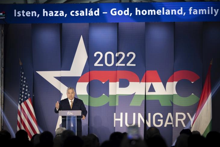 Orbán Viktor miniszterelnök beszédet mond a Conservative Political Action Conference (CPAC) Hungary elnevezésű konzervatív politikai fórumon 2022. május 19-én. Fotó: MTI/Miniszterelnöki Sajtóiroda/Fischer Zoltán