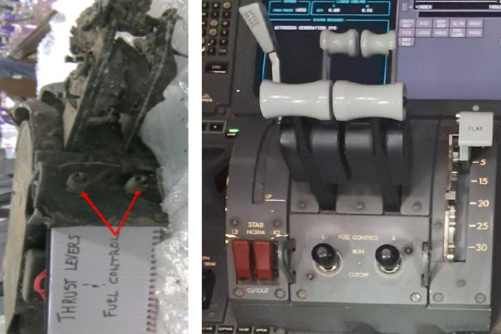 A hajtóművek tolóerejét állító kar, illetve a végzetesnek bizonyult kapcsolók az Air India gép roncsából, illetve eredeti formájukban