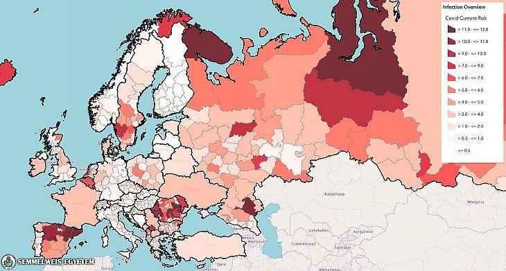 Európa koronavírus-fertőzöttségi térképe - minél világosabb, annál kevésbé fertőzött a régió (Forrás: Semmelweis Egyetem)