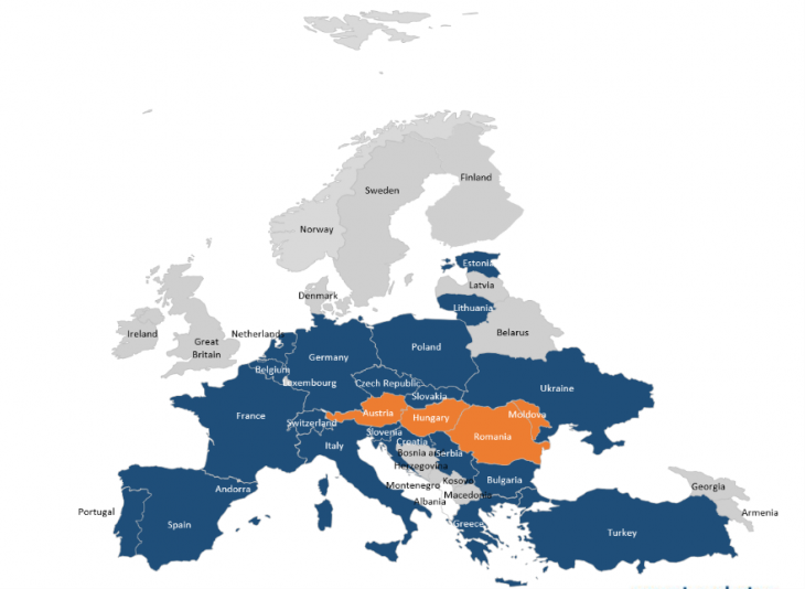 Kék – exportpiacok, narancssárga – a TeraPlast Csoport vállalatai