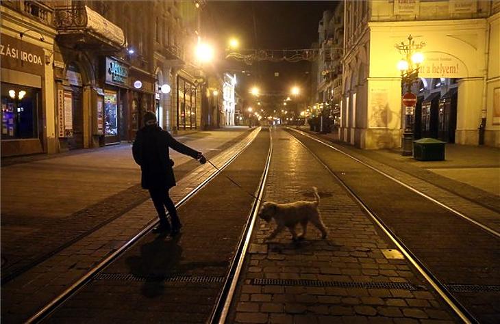 Kutyát sétáltat egy nő a miskolci Széchenyi utcában a kijárási tilalom idején 2020. november 14-én este. A lakóhely 500 méteres körzetében az ilyesmi a tilalom idején is szabad. (Fotó: MTI/Vajda János) 