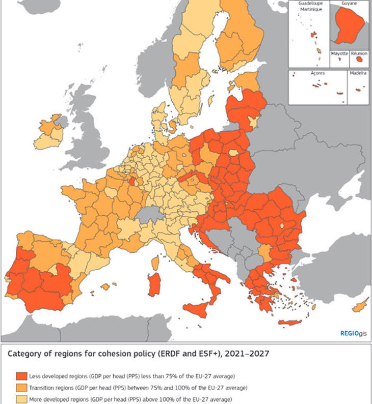 A kohéziós politikai ismérvek szerinti régiók az EU-van a 2021-2027-es közös költségvetési ciklusban