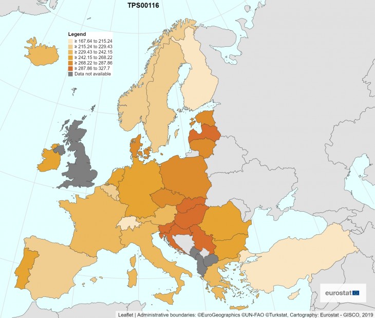 100 ezer főre jutó daganatos betegség miatti elhalázosáok száma 37 országban. Magyarország sajnos az élen. Forrás:  Eurostat