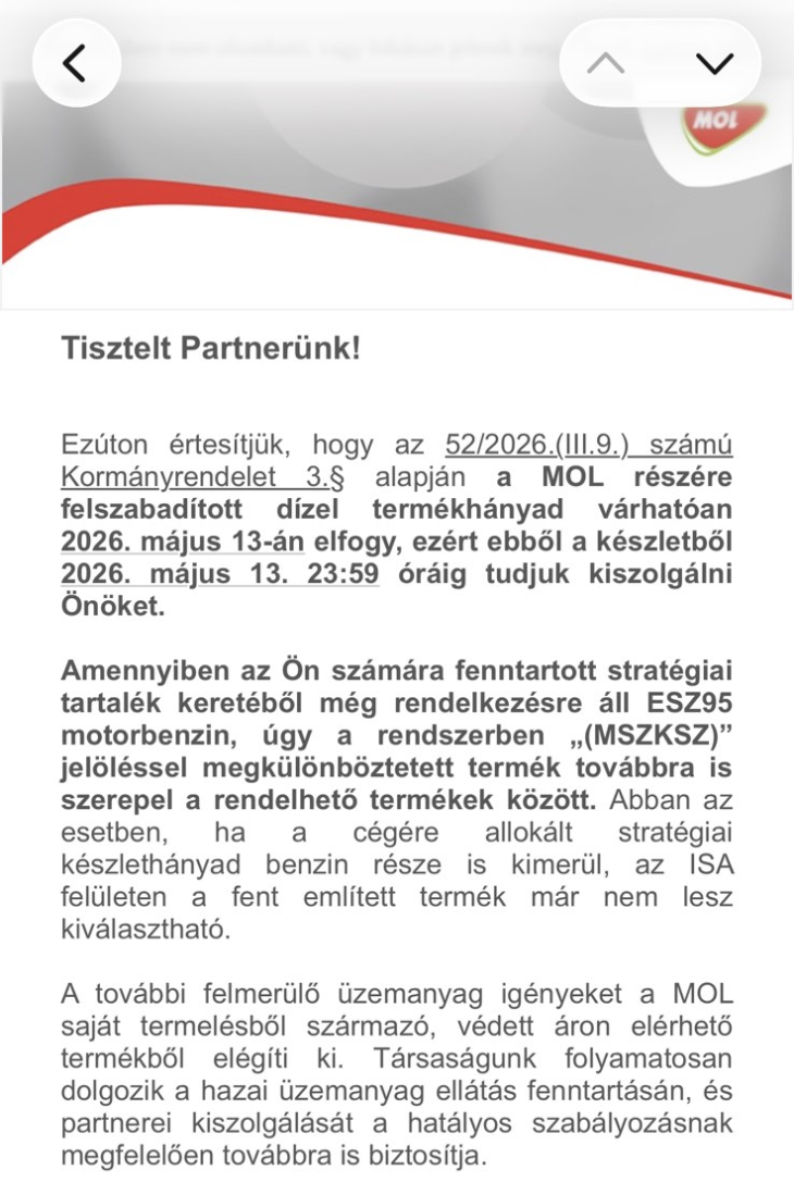 A Mol kisebb benzinkutaknak küldött levele