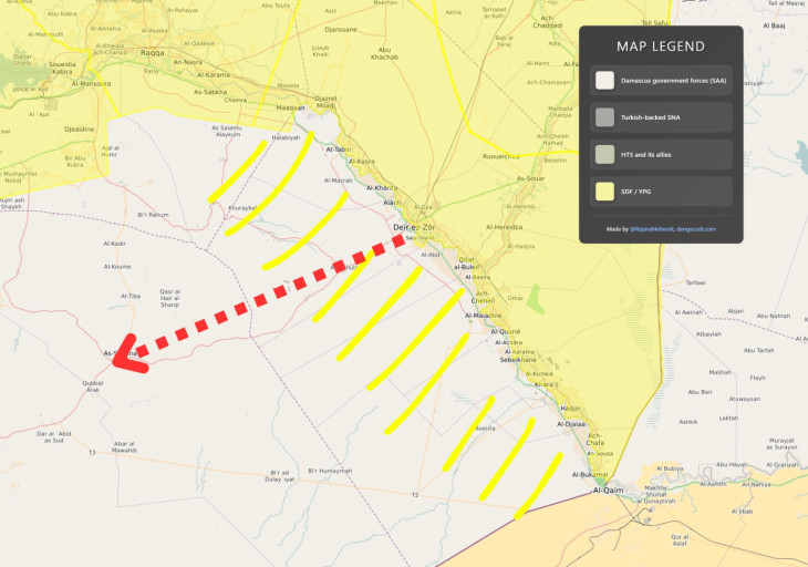 A sárgával jelölt SDF Damaszkusz felé tör Deir el-Zor városán át