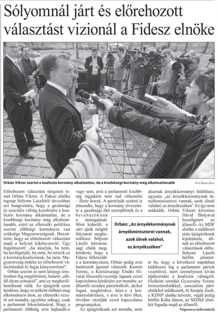 A Népszava cikke Orbán Viktor Fidesz-elnök Sólyom László államfőnél tett látogatásáról