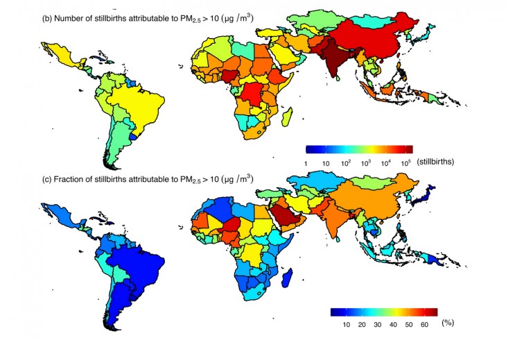 A magas PM2.5 részecsekoncentrációhoz köthető halvaszületések száma (fent) és aránya (lent) a vizsgált országokban. Ábra: Nature Communications