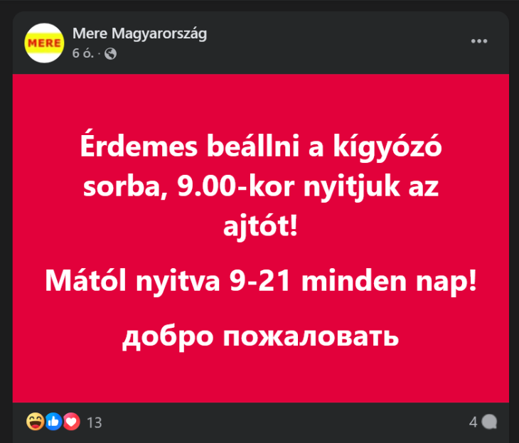 A Mere Magyarország oldalán oroszul üdvözölték a vásárlókat a nyitás előtt
